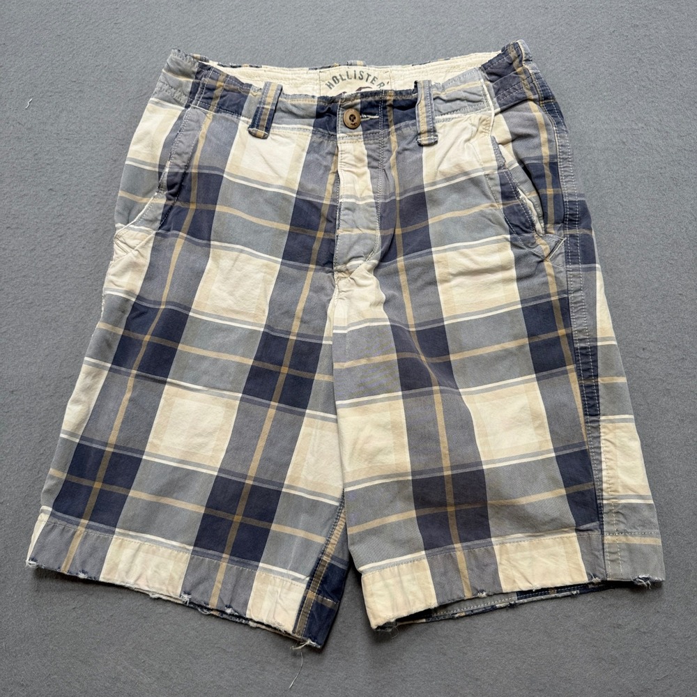 Vintage Hollister Shorts Men's 28 Blue White Plaid Button Fly Relaxed Fit Retro